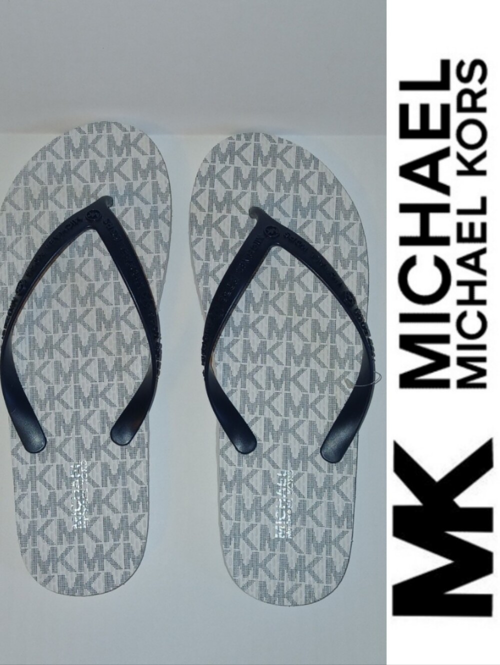 Michael Kors MK Logo Flip Flops, White / Navy &White